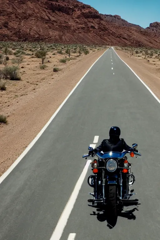 Image similar to riding a harley davidson on a desert road, cinematic