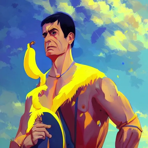 Image similar to Manuel Valls as an hero wearing a banana costume, digital painting, 4k, anime key visual, artstation, kuvshinov ilya