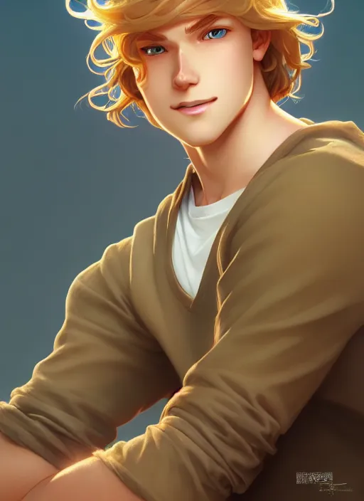 Prompt: young man with medium - length, curly, golden hair, aquamarine eyes, natural lighting, path traced, highly detailed, high quality, cartoon, digital painting, by new haicheng and ross tran and studio ghibli and alphonse mucha