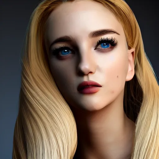 Image similar to a professional young woman cursed with every-increasing beauty intelligence and virtue, photoshoot, real life skin, sharp focus, blonde hair, elegant, trending on artstation, hyper realistic