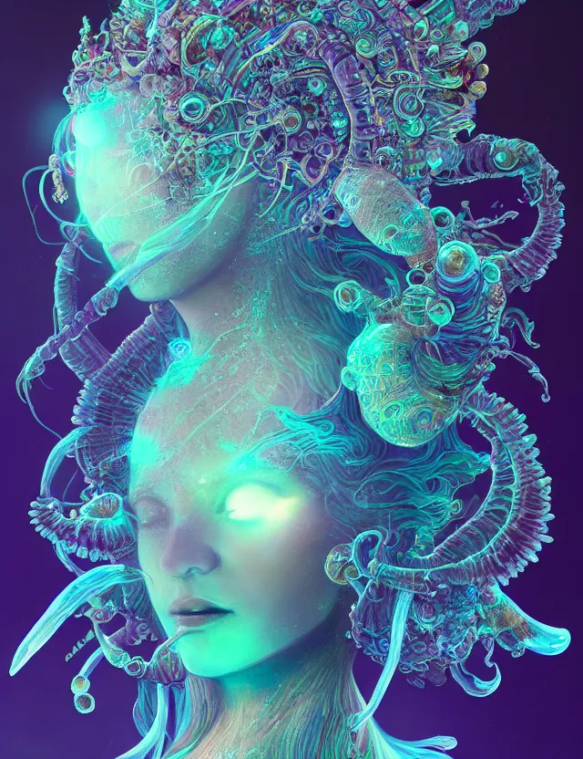 Prompt: goddess macro shouler portrait from bottom to top in crown made of ram skull. betta fish, jellyfish phoenix, bioluminiscent, plasma, ice, water, wind, creature, super intricate ornaments artwork by tooth wu and wlop and beeple and greg rutkowski