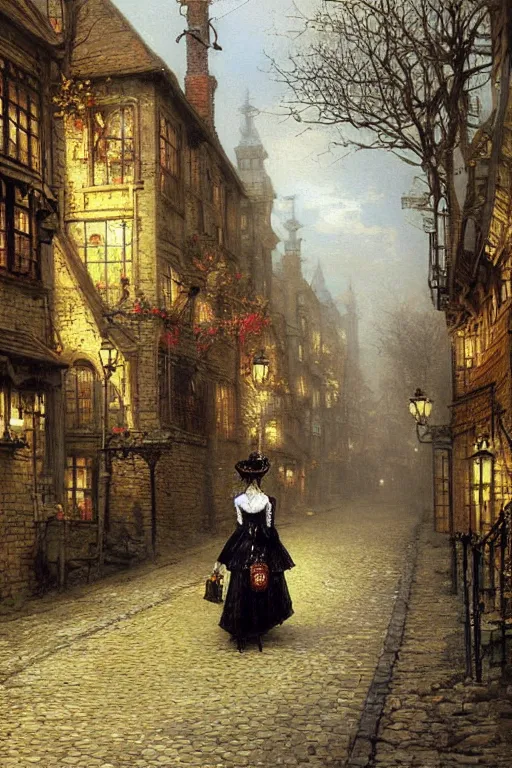 Prompt: a beautiful painting of a thin Victorian woman walking down a cobblestone street, steampunk street, painted by Carl Spitzweg, Alexander Jansson, thomas kinkade