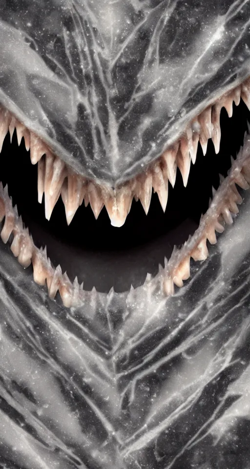 Prompt: up close shot of vampire fangs, winter, dark scenery, dark lighting, cinematic, cold freezing nights, laser lights, crybernetic, top floor boss shit, destroy lonely, black floor, lavish, luxurious, marble walls, cinematic, hyper realism, high detail, octane render, 8 k