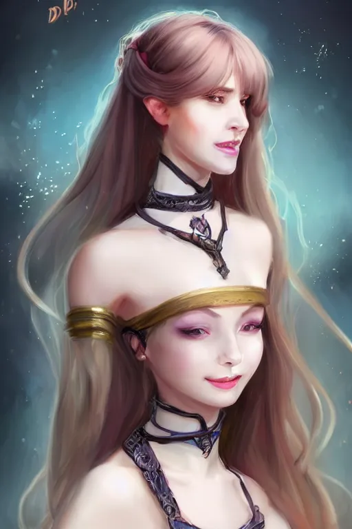 Image similar to portrait of a gorgeous young female artificer, looking at camera, D&D, choker on neck, stylish dress, mouth slightly open, cute slightly nerdy smile, very long flowing hair, intricate, elegant, stylish, fantasy, extremely detailed, digital painting, artstation, concept art, smooth, sharp focus, illustration, stunning lighting, art by artgerm and greg rutkowski and alphonse mucha and simon stalenhag