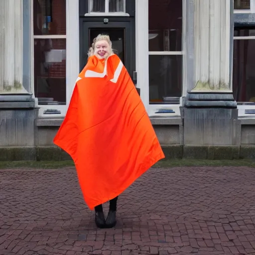 Prompt: a dutch woman, wrapped in the flag of the netherlands