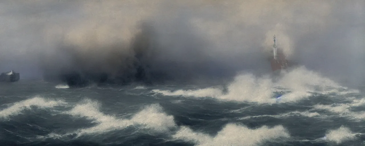 Image similar to container ship containership colossus near misty black cliffs over steamy water by Fernand Khnopff, matte painting