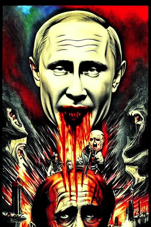 Image similar to putin went to hell, art in the style of a poster for horror films in a cinema, detailed art in color