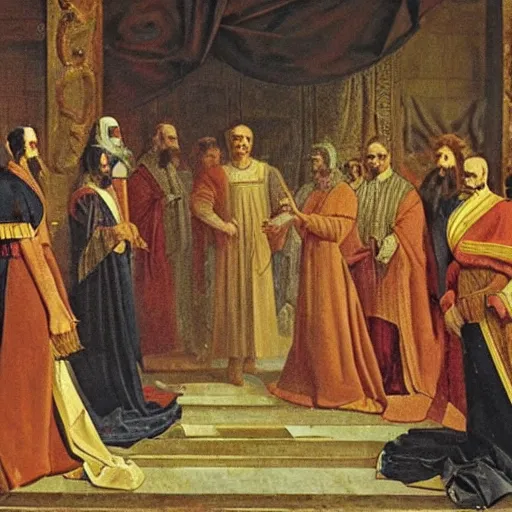 Prompt: oil painting of a king giving order to his ministers