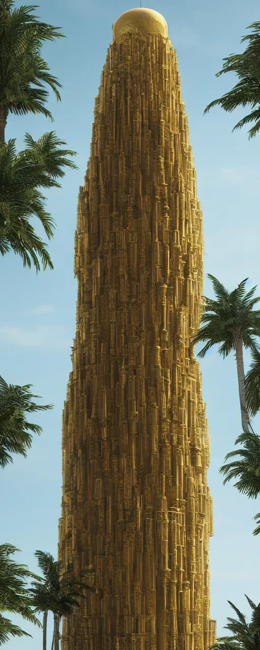 Image similar to eye level view of single tower, golden facade babylon tower, sacred ancient architecture, hanging gardens, cascading highrise, arid mountains with lush palm forest, sunlight, post - production, octane, cgi, sfx