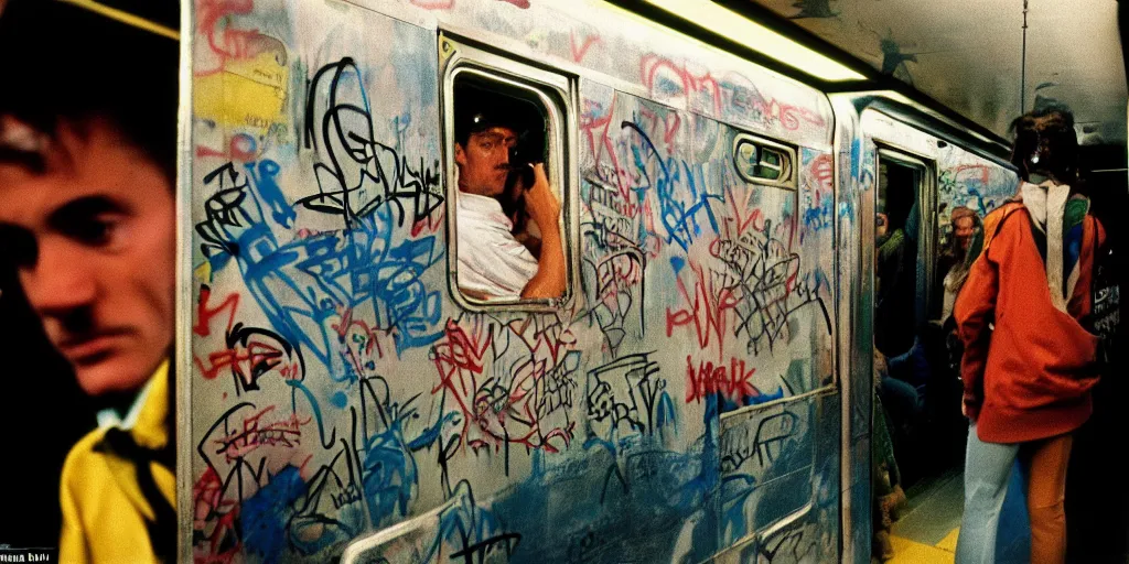 Prompt: new york subway cabin 1 9 8 0 s inside all in graffiti, policeman closeup, coloured film photography, christopher morris photography, bruce davidson photography
