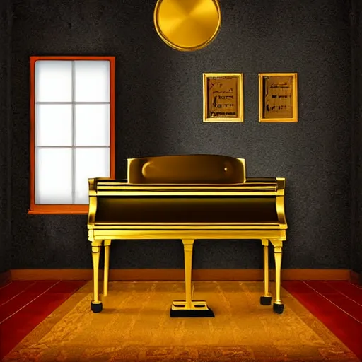 Prompt: piano room with golden vinyl hanging on walls, 8 k, digital art.