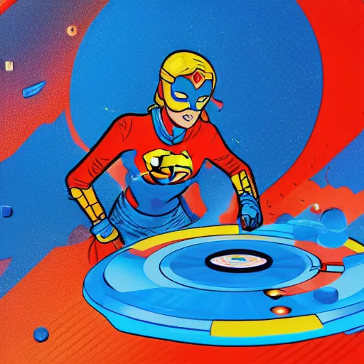 Prompt: a heroic woman wearing a blue super hero outfit playing on turntables, digital artwork, art station trending, ultra high detail