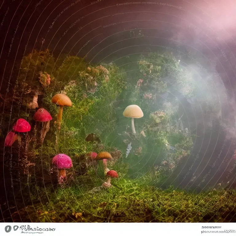 Image similar to a planet of various fungus, mushrooms, flowers and plants, inside the picture is infinity, Atmospheric, artistic photography, conceptual, long exposure outside the city, volumetric light