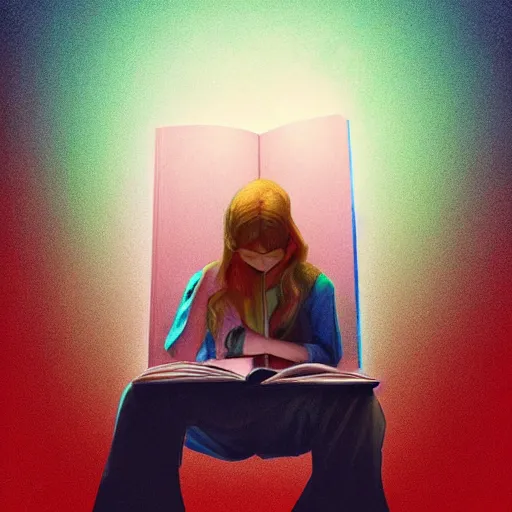 Image similar to colourful vfx upper half - portrait - a girl reading a book, art by katsuhiro otomo & james jean, digital render, digital illustration, concept art, caricature, volumetric light, ray tracing, symmetrical, unreal engine, octane 3 d render, sharp, detailed, intricate detail, pinterest, behance, art station