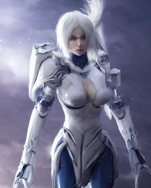 Image similar to perfect white haired girl, warframe armor, beautiful, dreamy, pretty face, blue eyes, detailed, windy weather, scifi, utopian architecture, laboratory, 4 k, ultra realistic, aura of light, cinematic, high detail, masterpiece, art by akihito tsukushi, akasuki voidstar