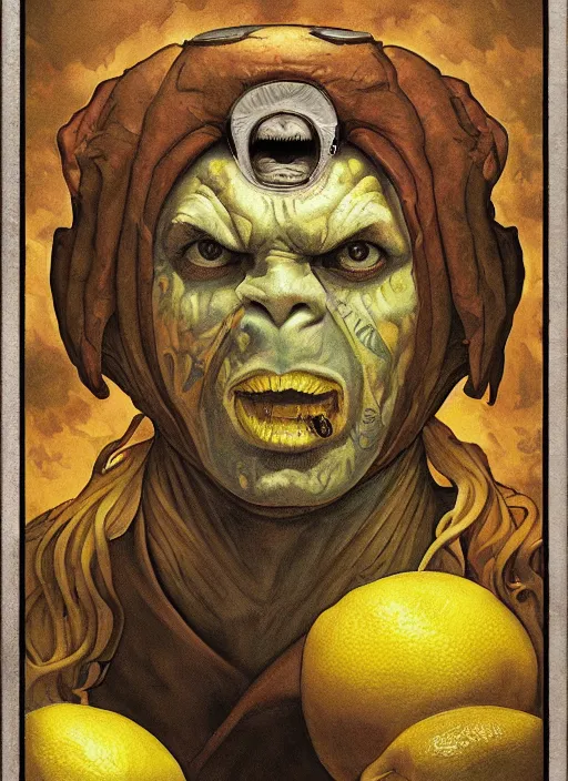 Image similar to renaissance grotesque full body portrait painting of angry crossfit lemon with a face in a lemon themed spaceship going to a lemon portal, superior, character redesign by lee bermejo and greg rutkowski and alphonse mucha