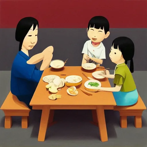 Image similar to goro fujita ilustration a family of four japanese people eating at a square wooden table, painting by goro fujita, sharp focus, highly detailed, artstation