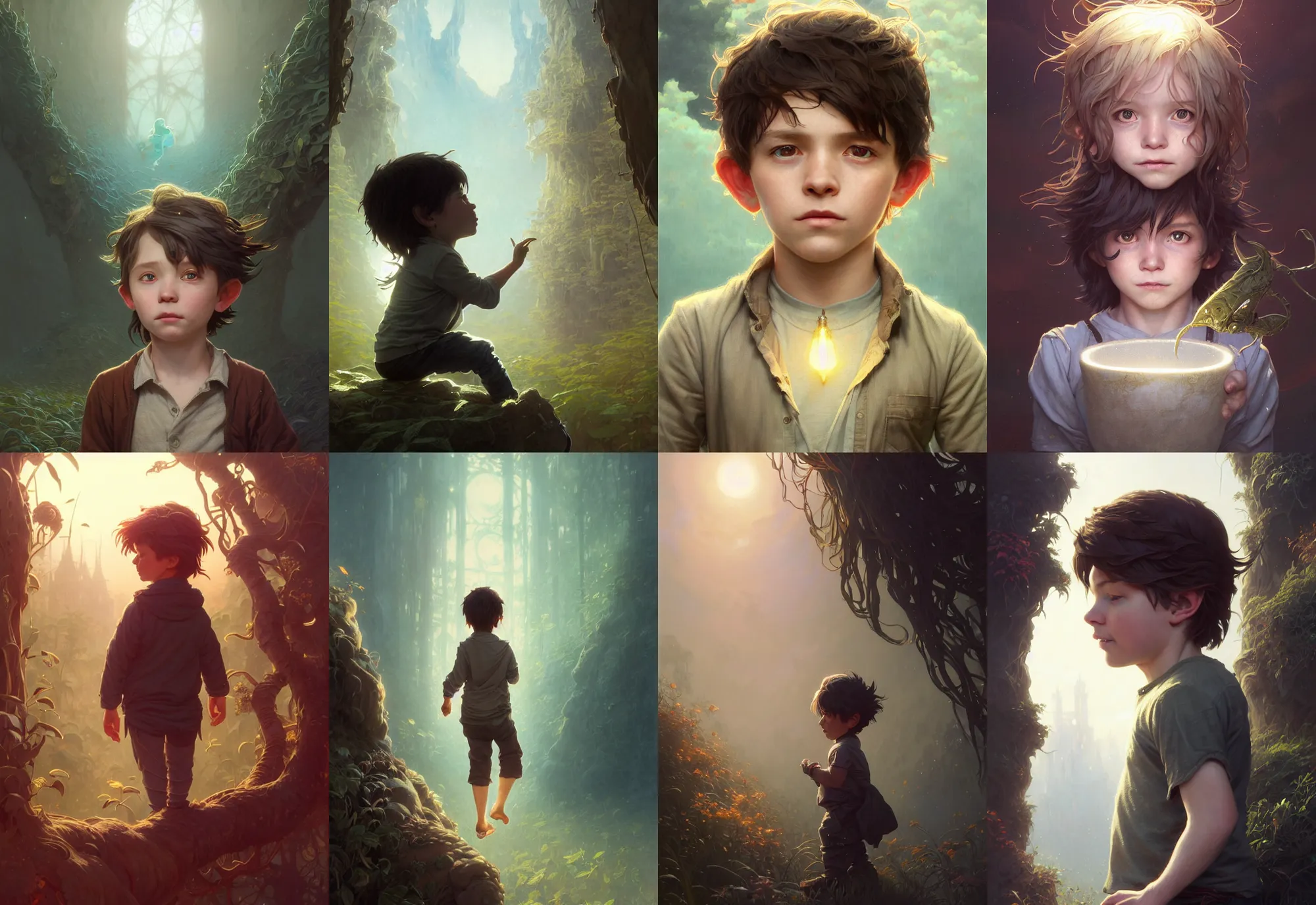 Image similar to highly detailed portrait of a little boy with long hairs, stephen bliss, unreal engine, fantasy art by greg rutkowski, loish, rhads, ferdinand knab, makoto shinkai and lois van baarle, ilya kuvshinov, rossdraws, tom bagshaw, alphonse mucha, global illumination, radiant light, detailed and intricate environment