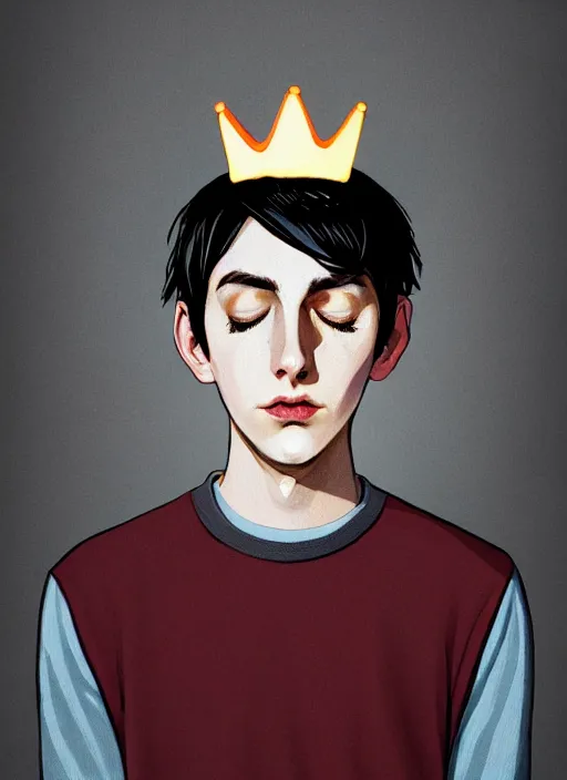 Image similar to portrait of teenage jughead jones wearing a light grey crown, symmetrical crown, sweater with picture of hamburger, eyes closed, crown, black hair, orange, intricate, elegant, glowing lights, warm lighting, highly detailed, digital painting, artstation, concept art, smooth, sharp focus, illustration, art by wlop, mars ravelo and greg rutkowski