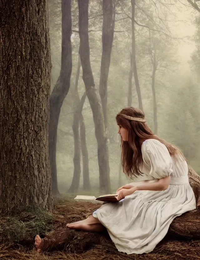 Image similar to beautiful peasant Girl in long white dress reading a book sitting on a tree in a foggy forest, Cinematic focus, Polaroid photo, vintage, neutral colors, soft lights, by Steve Hanks, by Serov Valentin, by lisa yuskavage, by Andrei Tarkovsky 8k render, detailed, oil on canvas