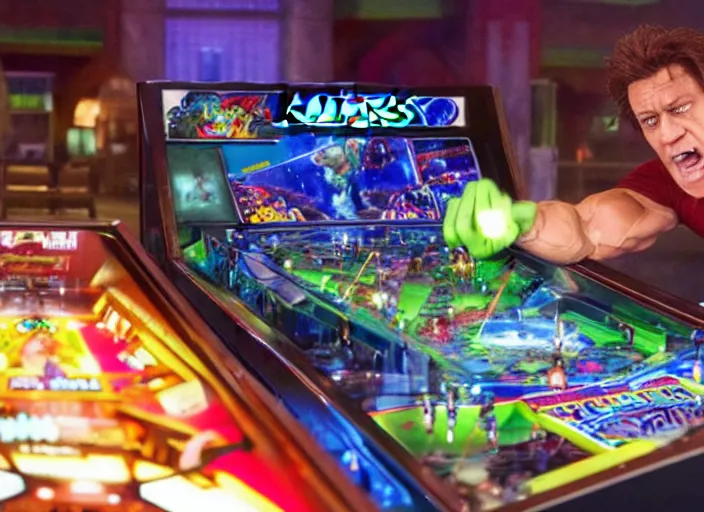 Image similar to film still of hulk playing pinball in the new avengers movie, 4 k