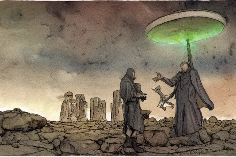 Image similar to a realistic and atmospheric watercolour fantasy concept art of a ufo landing in a tiny stonehenge. one dirty medieval monk in grey robes is pointing up at the ufo. muted colors. by rebecca guay, michael kaluta, charles vess and jean moebius giraud