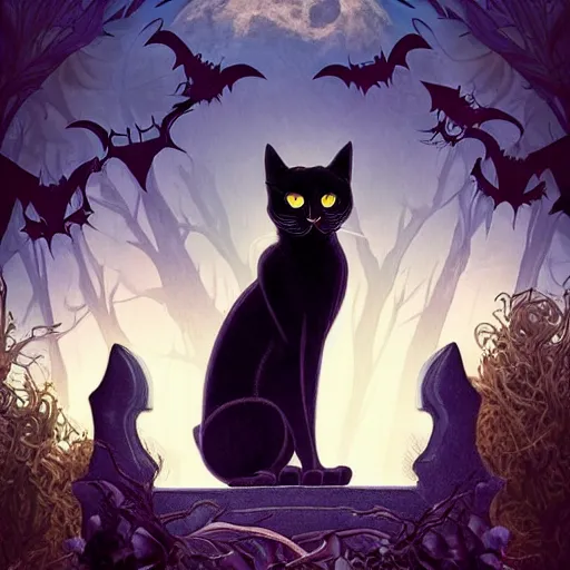 Prompt: an ultra detailed animation of a black cat with bats in a graveyard at midnight on halloween tattoo, digital art, dark fantasy, concept art, soulslike, by alphonse mucha, blood moon eclipse, ruined building in the background, artstation, 8 k, unreal engine render