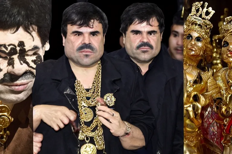 Prompt: el chapo is a genie standing in the middle of a grandiose mexican mansion. everything is made out of gold. el chapo the genie is sipping on wine. the mansion is incredible and ornate. chapo has a clockwork chain. there are princesses and queens everywhere around him because they love him, lovely scene of a genie being a pimp