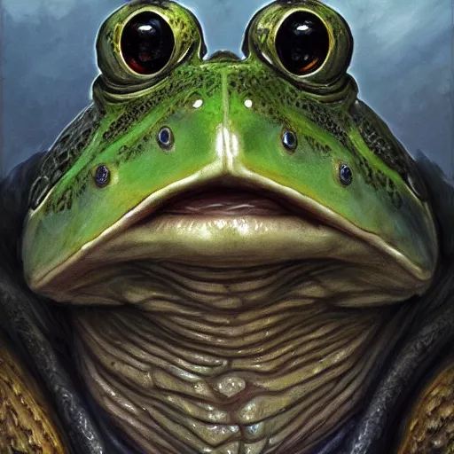 Image similar to frog as a realistic fantasy knight, closeup portrait art by donato giancola and greg rutkowski, realistic face, digital art, trending on artstation, symmetry!!, no helmet