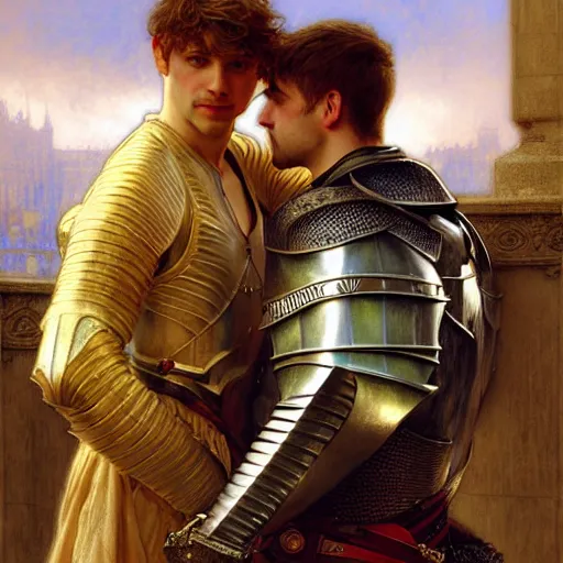 Image similar to attractive arthur pendragon and his attractive male knight, they are in love, natural lighting, path traced, highly detailed, high quality, digital painting, by gaston bussiere, craig mullins, alphonse mucha j. c. leyendecker