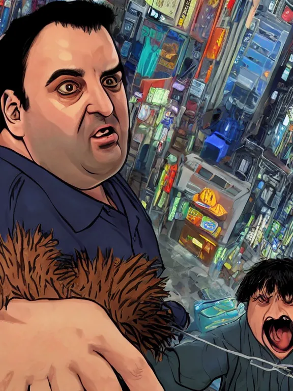 Image similar to rich evans defends mike stoklasa from a crackhead wookie in neo tokyo, hyperrealistic, 4 k, ultra detailed, intricate detail, photorealistic.