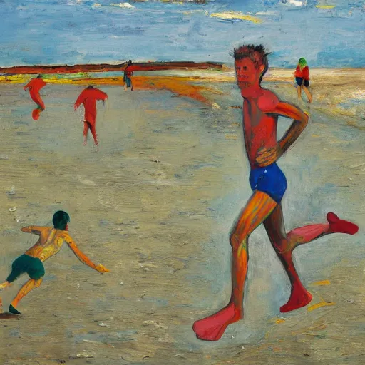 Prompt: a running man on the beach, long arm, painted by Asger Jorn, Peter Doig, minimalist oil paint with thick brushstrokes of paint, ultra detailed 16k