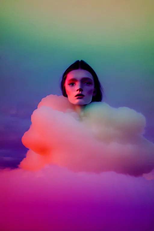 Image similar to high quality pastel coloured film close up wide angle photograph of a model wearing clothing resting on cloud furniture in a icelandic black rock!! environment in a partially haze filled dreamstate world. three point light, rainbow. photographic production. art directed. pastel colours. volumetric clouds. pastel gradient overlay. waves glitch artefacts. extreme facial clarity. 8 k. filmic.