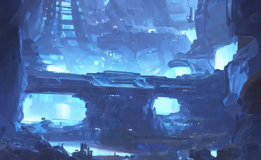 Image similar to futuristic factory in a dark cave, blue crystals, concept art by frank hong, mate painting, artstation