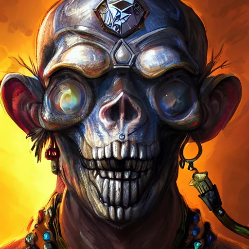 Image similar to a crystal monkey skull face warrior with a philosophers stone in his forehead, Apex Legends character digital illustration portrait design, by android jones, detailed, cinematic lighting, wide angle action dynamic portrait