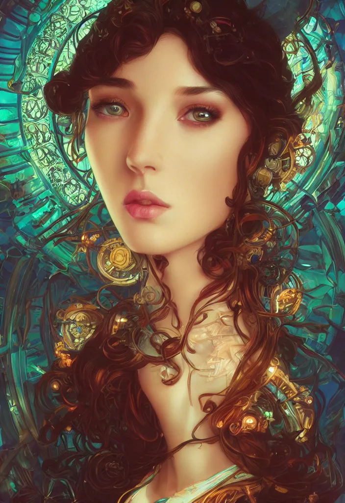 Image similar to beautiful, young woman, detailed gorgeous face, magical, steampunk, vaporwave aesthetic, synthwave, colorful, psychedelic, artstation, concept art, smooth, extremely sharp detail, finely tuned detail, ultra high definition, 8 k, unreal engine 5, ultra sharp focus, illustration, art by artgerm, greg rutkowski and alphonse mucha