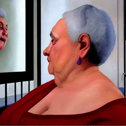 Prompt: a very funny fellini cinematic style. of a sweet fat old woman kissing her reflection. symmetrical face, red mouth, blue eyes. a flowered dress. a hyper - realistic scene. 3 d, octane processing, deep focus, white scene. a very funny and sweet picture. unreal engine. watercolor. freud painting style