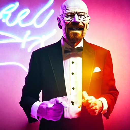 Image similar to portrait of walter white in a tuxedo, laughing in a modern night club, neon lights