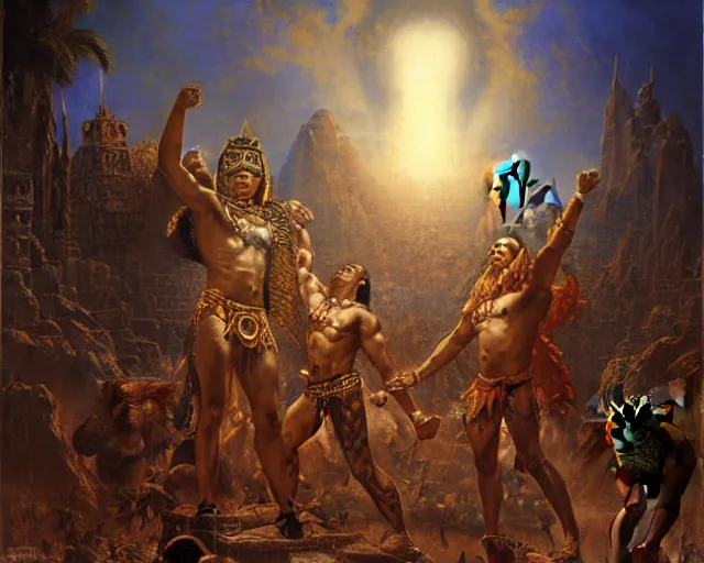 Prompt: muscular male aztec deity, casting aztec magic, summoning handsome panther night star. ritual pyramidic magic. highly detailed painting by gaston bussiere, craig mullins, j. c. leyendecker 8 k