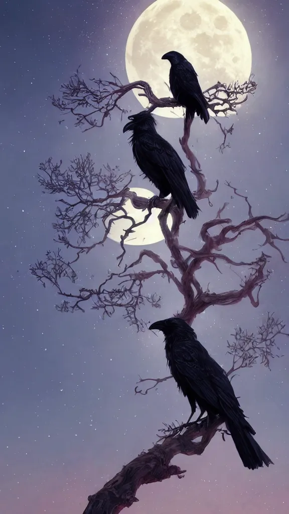 Image similar to crow on tree in front of the full big moon, highly detailed, digital painting, artstation, concept art, smooth, sharp focus, illustration, Unreal Engine 5, 8K, art by artgerm and greg rutkowski and alphonse mucha