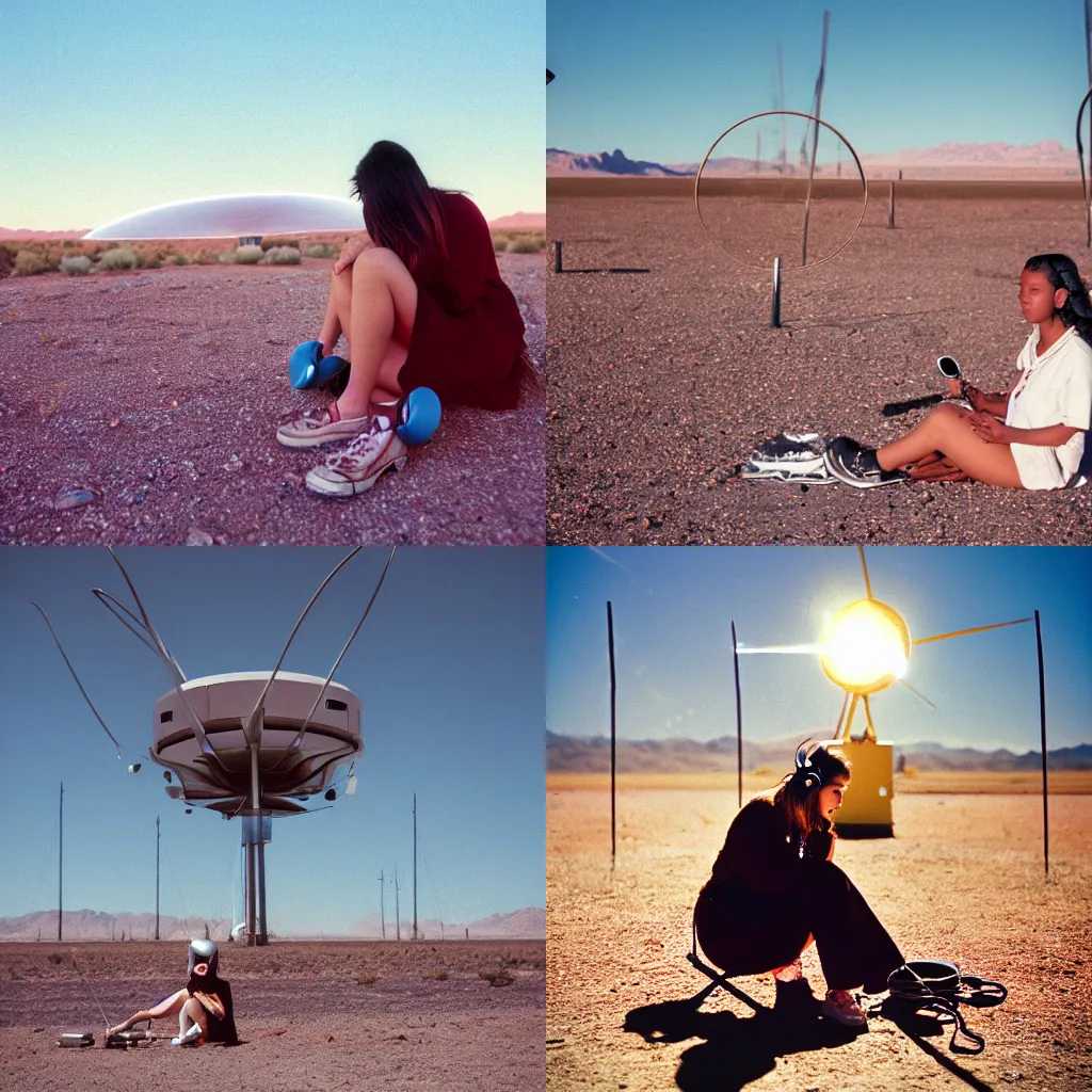 Prompt: A portrait photography of a woman seating on the ground with headphones in the Nevada desert. In the background there are multiple massive radio dish antennas. Cinestill 800T film. Lens flare. Contrast.