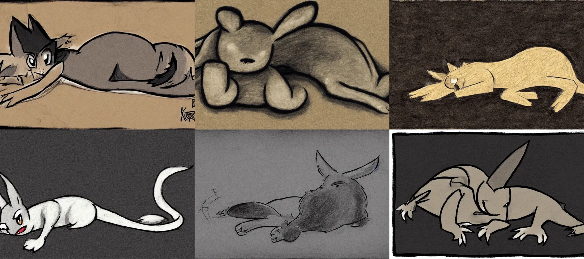 Prompt: a cartoon character laying down on the ground, a cave painting by ken sugimori, featured on deviantart, furry art, dark and mysterious, dark, black background