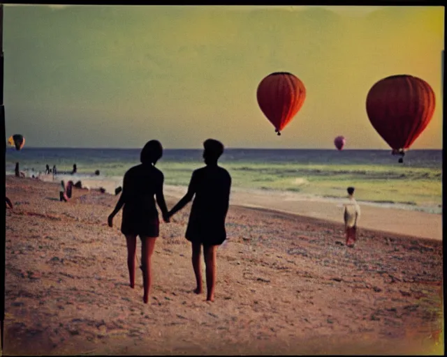 Prompt: a couple walks on the beach, multicolored hot air balloons floats over the beach at violet and yellow sunset, whimsical and psychedelic art style, 1 9 6 0 s, polaroid photo, grainy, expired film