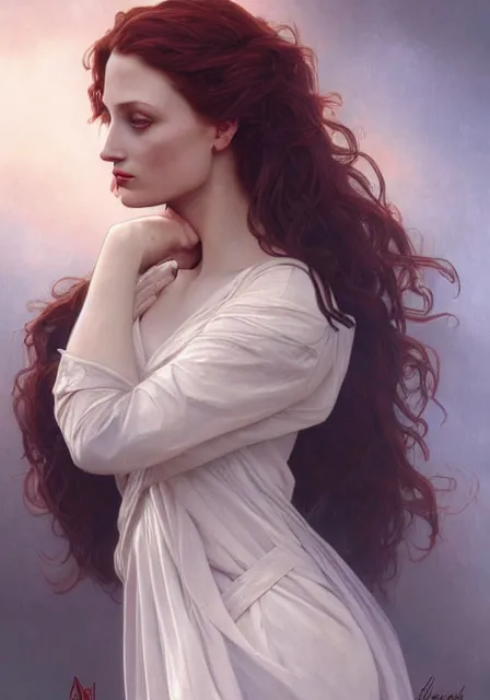 Prompt: sansa angeline jolie gessica chastain in dark, intricate, elegant, highly detailed, digital painting, artstation, concept art, smooth, sharp focus, illustration, art by artgerm and greg rutkowski and alphonse mucha and william - adolphe bouguereau