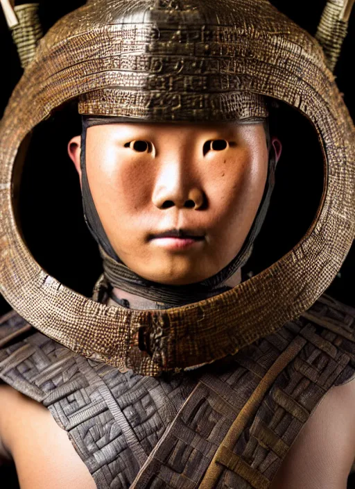 Prompt: tai warlord closeup portrait, historical ethnic group, traditional tai costume, bronze headset, leather armor, fantasy, intricate with dong son bronze artifacts