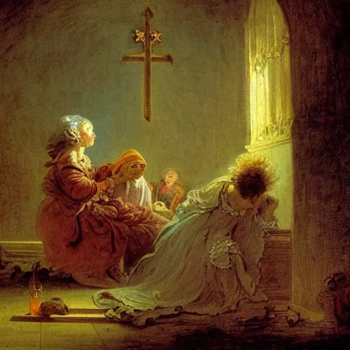 Prompt: a story about a witch begging for her life in a church, by jean honore fragonard,