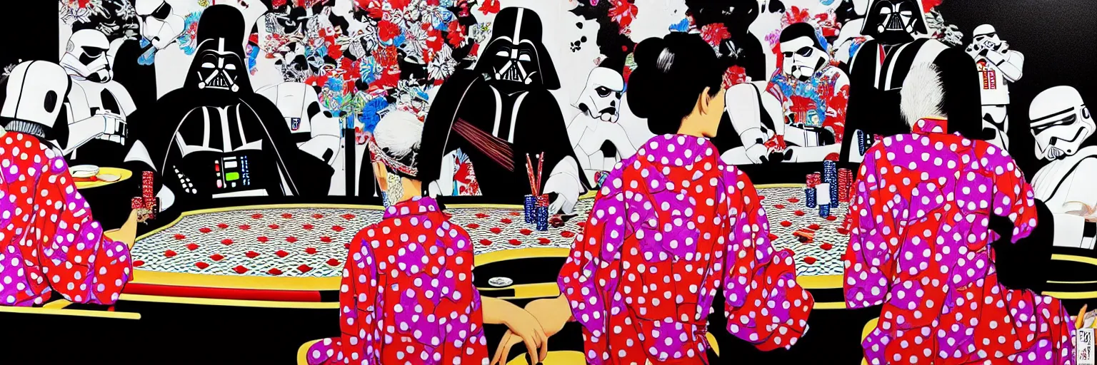 Image similar to hyperrealism composition of the detailed woman in a japanese kimono sitting at an extremely detailed poker table with darth vader and stormtrooper, fireworks on the background, pop - art style, jacky tsai style, andy warhol style, acrylic on canvas