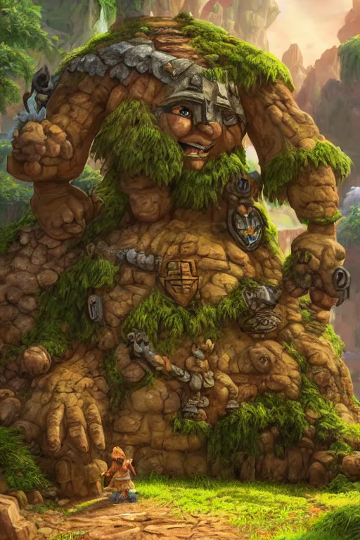 Image similar to zelda fantasy art giant golem troll wood rock greeble gemstone, global illumination ray tracing hdr fanart arstation by sung choi and eric pfeiffer and gabriel garza and casper konefal