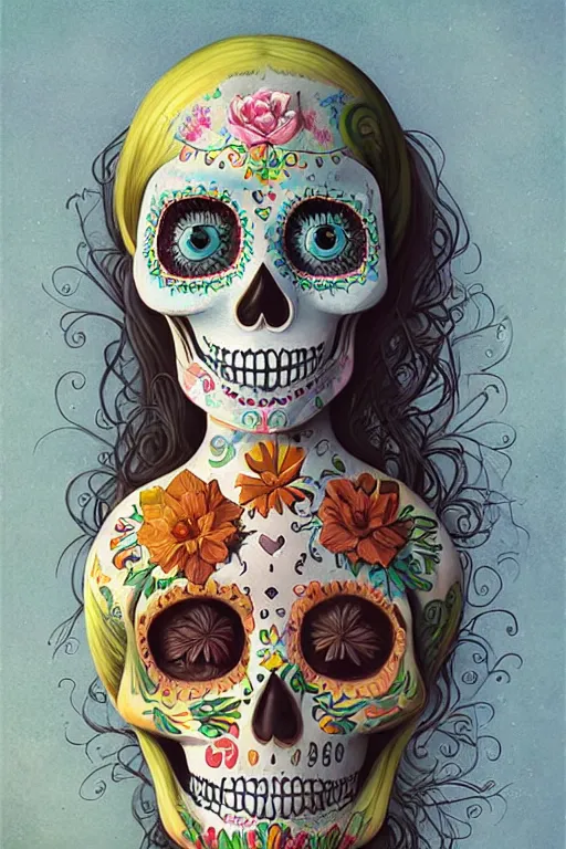 Image similar to illustration of a sugar skull day of the dead girl, art by gediminas pranckevicius