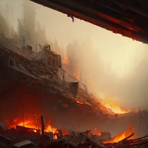 Prompt: a close view of destroyed buildigs!!!, rubble!!, fires!! hyperrealistic, highly detailed, cinematic, foggy light from fires, beautiful, cgssociety, artstation, 8 k, oil painting by greg rutkowski, by artgerm, by wlop